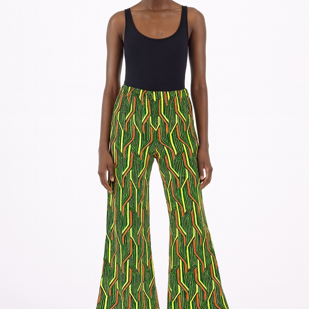 Free People Green and Yellow Patterned Wide Leg Pants Size XS